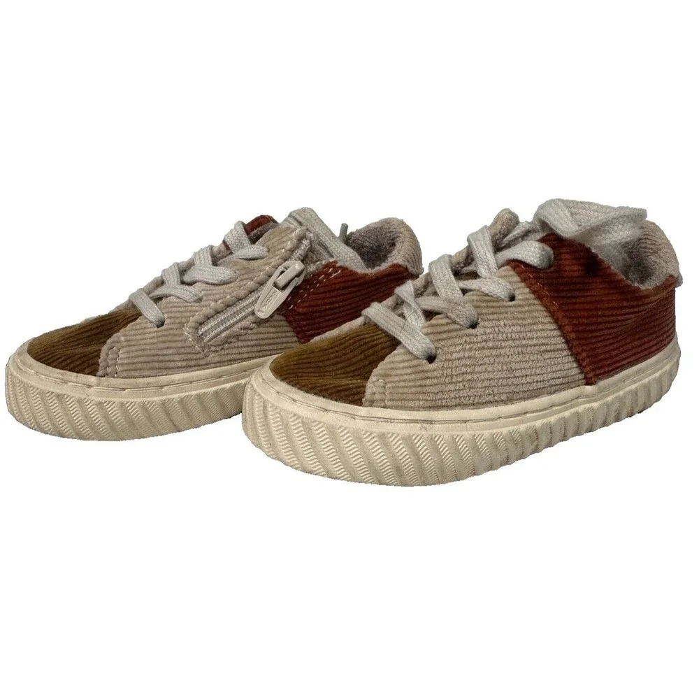 Zara Corduroy Patchwork Sneakers Shoes Size 20 Euro 4.5-5 US Brown Tan Zip & Tie